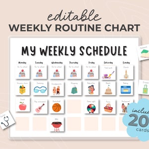 Tableau et cartes modifiables des routines hebdomadaires, calendrier visuel pour les enfants et les tout-petits, images imprimables du tableau des tâches rythmiques, modèle de tâches quotidiennes