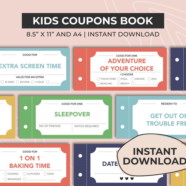 26 Fun Kids Coupon Book, Birthday Coupons, Printable Reward Coupons, Gift for kids, Last Minute Gift Idea, Gift for Grandkids, Quality Time