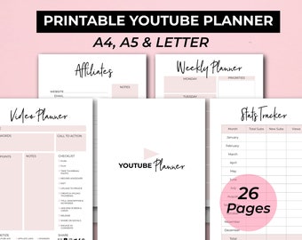 YouTube Social Media Planner, Youtube Content Planner, Youtube Calendar, Social Media Influencer, Youtuber, Digital Download, Printable, A5