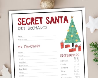 Puede incluir: Un formulario imprimible para un intercambio de regalos de Secret Santa con una ilustración de un árbol de Navidad. El formulario incluye secciones para nombres, monogramas, colores favoritos, refrigerios, bebidas, pasatiempos, restaurantes, comida rápida, tiendas, aromas y preferencias de regalos.