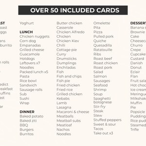 May include: A white and black list of over 50 food items categorized as breakfast, lunch, dinner, and dessert. The list includes a variety of dishes, from classic breakfast staples like avocado toast and eggs to more elaborate dinner options like roast beef and lasagna.