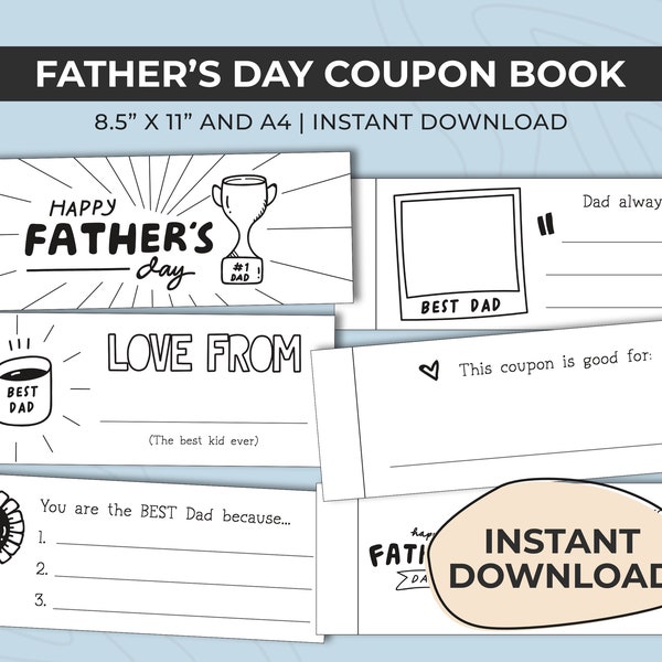 Father's Day Coupon Book, Printable Vouchers, Gift from kids, Last Minute Present Idea, Funny Fathers Day Craft, Gift from Son or Daughter