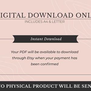May include: Digital download only, includes A4 and Letter sizes. Instant download of a PDF file available through Etsy after payment confirmation. No physical product will be sent.