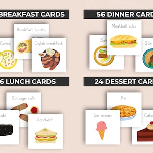May include: A set of printable food cards for a game or activity. The cards are divided into four categories: breakfast, lunch, dinner, and dessert. Each card features a colorful illustration of a different food item, along with the name of the food.