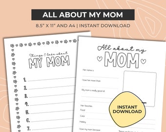 All About my Mom, Printable Mother's Day Gift Idea, Gift for Mum, Mama, Mommy, Fill in the Blank Questionnaire for Kids, What Kids Think PDF