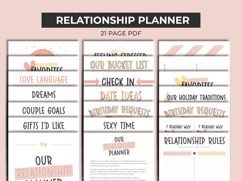 Peut inclure: Un planificateur de relations imprimable de 21 pages. Le planificateur comprend des sections pour "Notre liste de seaux", "S'enregistrer", "Id&eacute;es de rendez-vous", "Demandes d'anniversaire", "Temps sexy", "Nos traditions de vacances" et "R&egrave;gles de relations".