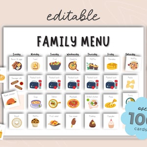 Edytowalny tygodniowy wykres posiłków i karty, wizualne menu dla dzieci i maluchów, wydrukowane śniadanie, lunch, tabela zdjęć obiadu, szablon ASD ADHD
