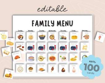 Editable Weekly Meal Chart & Cards, Visual Menu for kids and Toddlers, Printable Breakfast, Lunch, Dinner Chart Pictures,  ASD ADHD Template