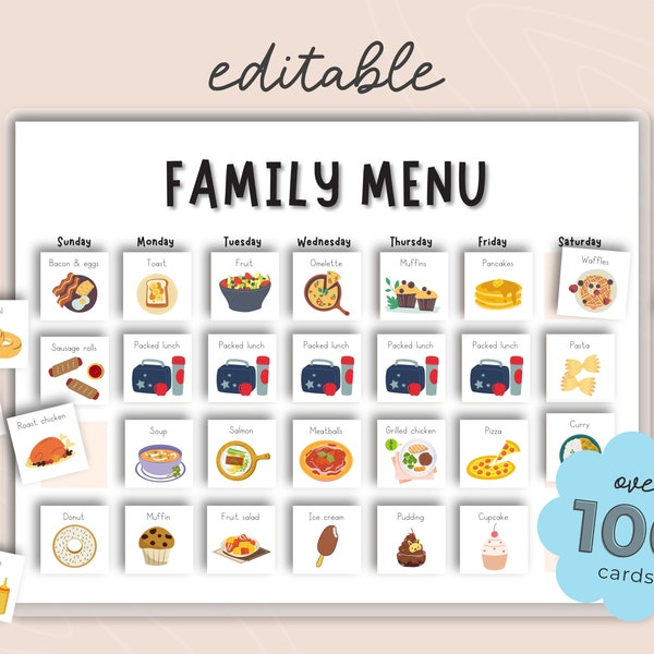 Editable Weekly Meal Chart & Cards, Visual Menu for kids and Toddlers, Printable Breakfast, Lunch, Dinner Chart Pictures,  ASD ADHD Template