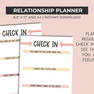Peut inclure: Un planificateur de relations imprimable avec le texte "CHECK IN" et "PLAN REGULAR CHECK IN'S TO SEE HOW YOU ARE FEELING". Le planificateur comprend des invites pour les couples pour discuter de leurs sentiments et de ce qu'ils aimeraient avoir plus dans leur relation.