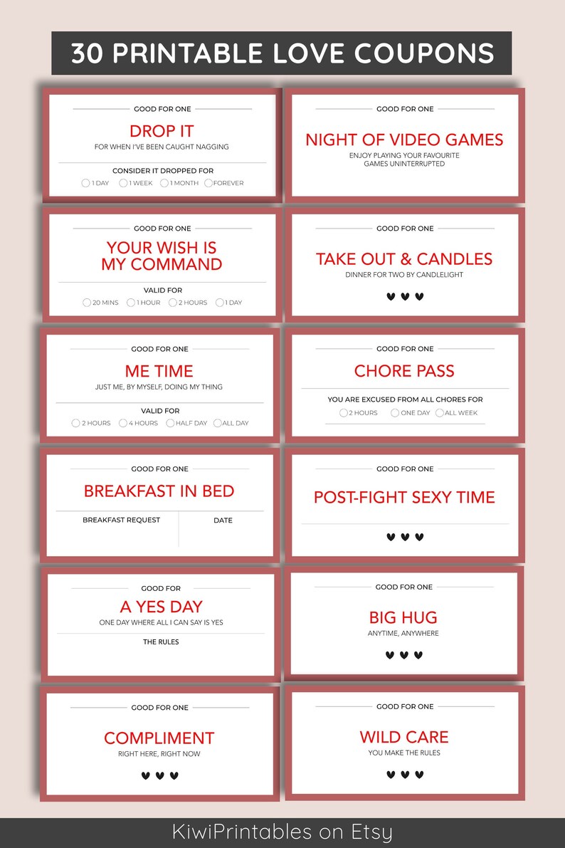 30 Fun Love Coupon Book, Valentines Day Coupons, Love Coupons, Gift for him, Husband Gift, Anniversary Gift, Love Vouchers image 1