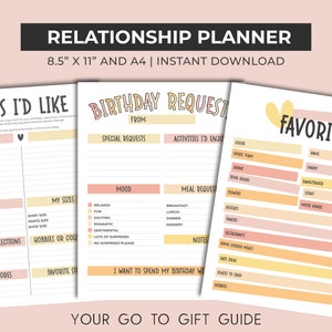 Peut inclure: Un planificateur de relations imprimable avec des sections pour les cadeaux, les demandes d'anniversaire et les favoris. Le planificateur est con&ccedil;u dans un sch&eacute;ma de couleurs rose et jaune avec du texte manuscrit.