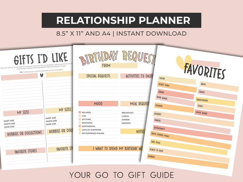 Peut inclure: Un planificateur de relations imprimable avec des sections pour les cadeaux, les demandes d'anniversaire et les favoris. Le planificateur est con&ccedil;u dans un sch&eacute;ma de couleurs rose et jaune avec du texte manuscrit.