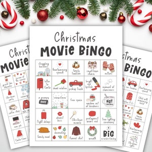Tarjetas de bingo de películas navideñas, juegos navideños imprimibles, tradiciones navideñas, actividad familiar, tradiciones navideñas, descarga digital