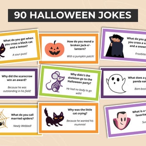 90 piadas de Halloween, notas para lancheira, piadas para impressão para crianças, cartões de piadas engraçadas, notas para lancheira de outono, notas para almoço de outono, download instantâneo