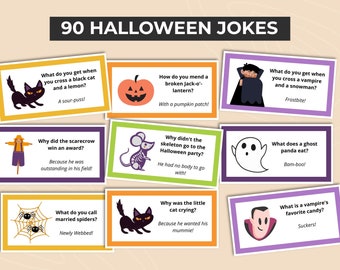 90 Halloween Jokes, Lunchbox Notes, Printable Jokes for Kids, Funny Joke Cards, Fall Lunch Box Notes, Autumn Lunch Notes, Instant Download
