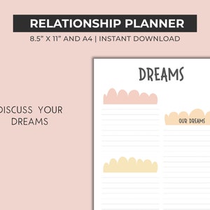 Peut inclure: Un planificateur de relations imprimable avec le titre "DREAMS" en texte noir. Le planificateur comporte deux sections pour discuter des r&ecirc;ves individuels et partag&eacute;s. Le texte "OUR DREAMS" se trouve dans la deuxi&egrave;me section.