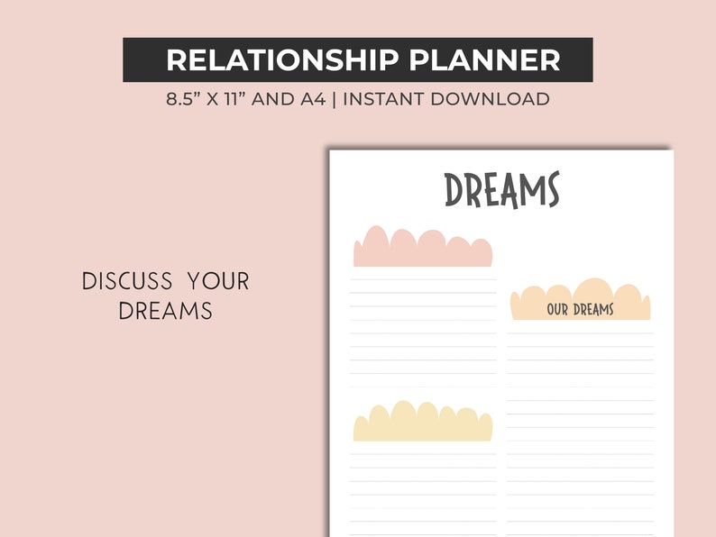Peut inclure: Un planificateur de relations imprimable avec le titre "DREAMS" en texte noir. Le planificateur comporte deux sections pour discuter des r&ecirc;ves individuels et partag&eacute;s. Le texte "OUR DREAMS" se trouve dans la deuxi&egrave;me section.