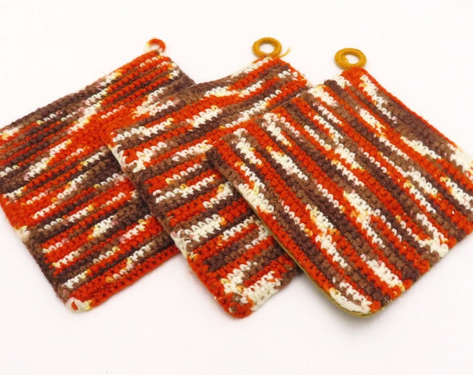 Crocheted Pot Holder Orange Crocheted Hot Pad Brown and White Pot Holders Trivet Pads -Set of 3 Crocheted Pot Holders