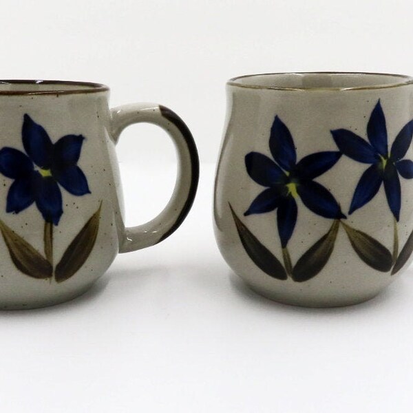 Vintage Stoneware Coffee Mugs with Blue Flowers - Made in Korea - Vintage Kitchenware