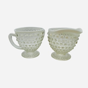 Vintage Hobnail Moonstone Opalescent Open CREAMER & SUGAR Set; Clear with White Rim