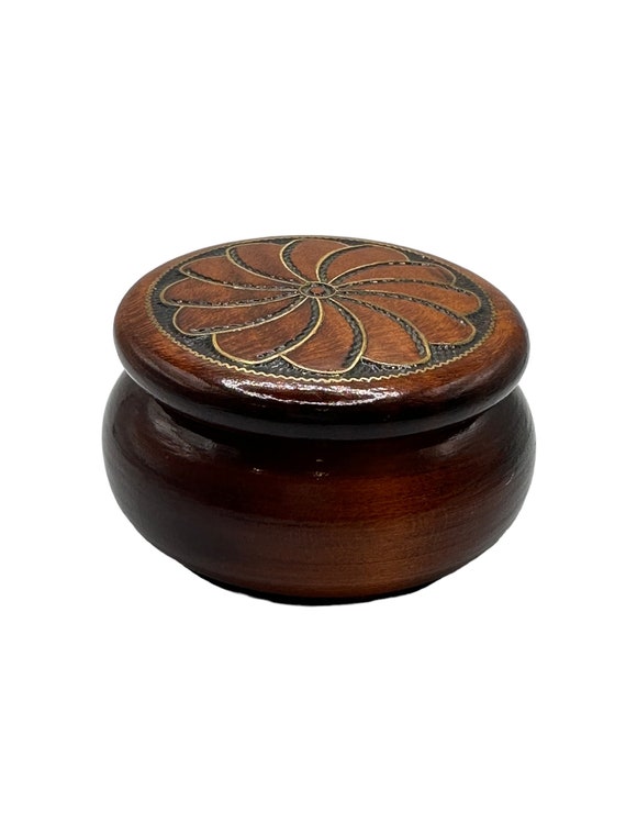 Beautiful Round Wooden Trinket Box with Brass Inse