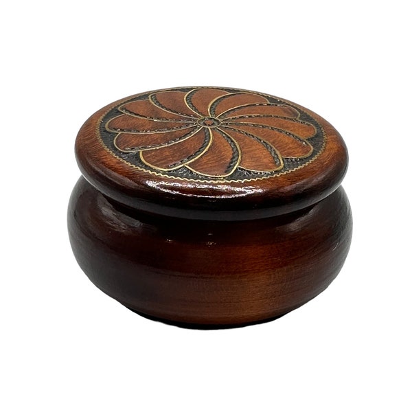 Beautiful Round Wooden Trinket Box with Brass Inserts; Hand Made in Poland, Round Trinket Box with Red Velvet Lining