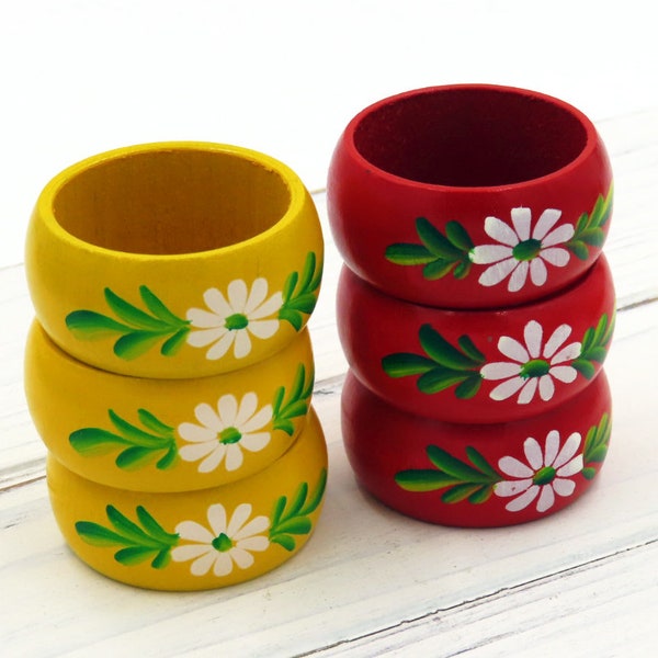 Vintage Red Wood Traditional Scandinavian Sweden Flower Napkin Rings - Set of 6 Wooden Napkin Rings Hand Painted - Floral Design