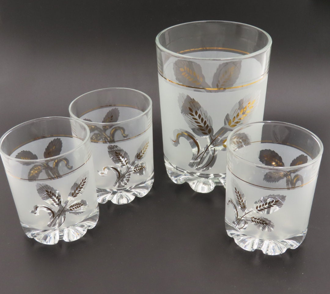 Vintage Ice Bucket Frosted Glass With Gold Wheat Stalk Etsy