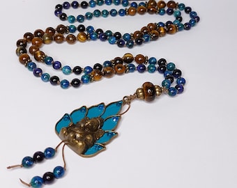 108 Mala necklace "Tiger Eye & Jade", hand-knotted, including bag, with Ganesha