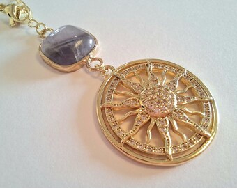 Rearview mirror charm "Rhinestone Sun with Amethyst", 18K real gold-plated brass, car decoration, lucky charm