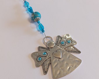 Rear view mirror pendant "Blue Heart Angel", car decoration, guardian angel