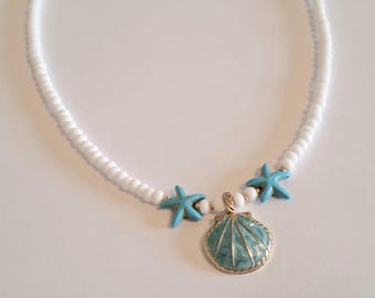 Necklace "Blue Enamel Shell", with gold-plated stainless steel and semi-precious stone