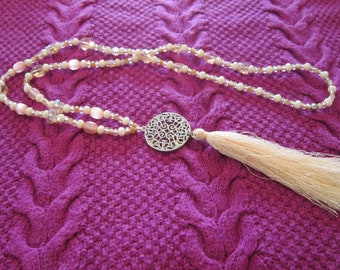 Halskette Y-Kette Natur Holzkette Beige,Pink Frauen Damen Handarbeit Vintage Neu 