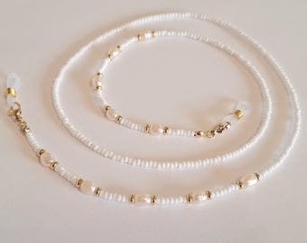 Glasses chain "10 real pearls", glasses strap, with gold-plated stainless steel and real freshwater cultured pearls
