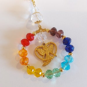 Achteruitkijkspiegel hanger "Hart Fee in de Regenboog", chakra, geluksbrenger, autodecoratie