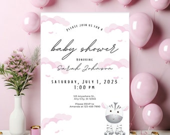Zebra Baby Girl Baby Shower Invitation with Pink Clouds