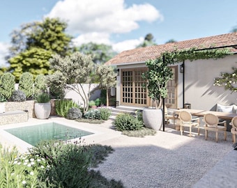 May include: A backyard oasis with a small swimming pool, a patio with a dining table and chairs, and a grill. The patio is covered by a pergola with climbing vines. The backyard is surrounded by lush greenery and a stone wall.