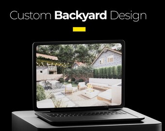 May include: A black laptop displaying a custom backyard design, with the text "Custom Backyard Design" above the screen. The laptop sits on a black stand, with the word "Remenderer" printed at the bottom.