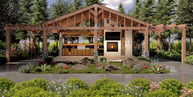May include: A wooden pergola with a built-in outdoor kitchen and fireplace. The pergola has a roof and is surrounded by landscaping with rocks and greenery.