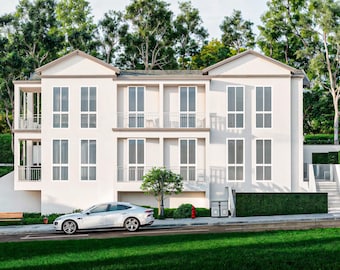 May include: A modern, two-story white building with multiple windows and balconies. A silver car is parked on the street in front of the building. Lush green grass and trees surround the building, creating a serene atmosphere.