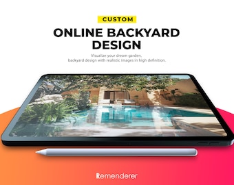 May include: A tablet displaying a backyard design with a pool, trees, and a house. The screen shows a realistic image. The text on the screen says "ONLINE BACKYARD DESIGN". A stylus pen rests below the tablet. The background is white and gradient.