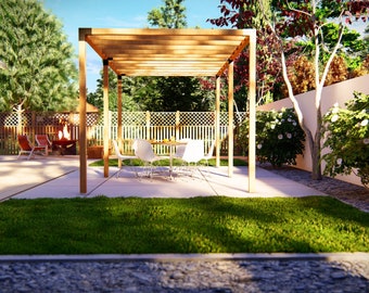 May include: A backyard scene featuring a wooden pergola with a table and white chairs. The pergola is set on a concrete patio with a patch of green grass in front. The background includes a house, trees, and a fence.