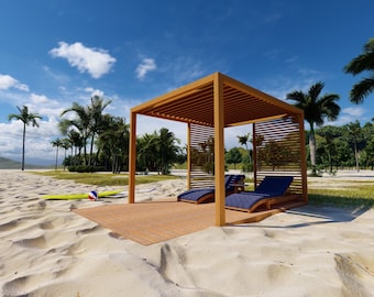 May include: A wooden pergola with a slatted roof and side panels, providing shade on a sandy beach. Two lounge chairs with blue cushions are positioned under the pergola, facing the ocean. Palm trees and lush greenery surround the area.