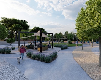 May include: A paved pathway winds through a park with a covered seating area, a swing set, and a grassy area. A person walks a dog on a leash, and there are trees and bushes throughout the park.
