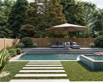 May include: A backyard swimming pool with a patio area and a brown umbrella. The pool has a blue tiled border and a small waterfall feature. There are lounge chairs and a wooden deck surrounding the pool.