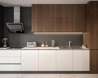May include: Modern kitchen with white cabinets, a dark gray backsplash, and wooden upper cabinets. Stainless steel appliances include a range hood, cooktop, and sink. A toaster and blender are on the countertop.