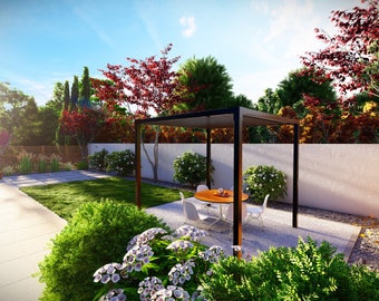 May include: A backyard patio with a black metal pergola, a wooden table and chairs, and a white wall in the background. There are green bushes and trees surrounding the patio.