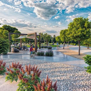 May include: A park setting with a wooden pergola, a gravel path, and lush green trees. People are walking through the park, and there are benches and a small dog.