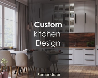 May include: A modern kitchen with white cabinets, a wood countertop, and a dining table with chairs. The text "Custom kitchen Design" is superimposed on the image.